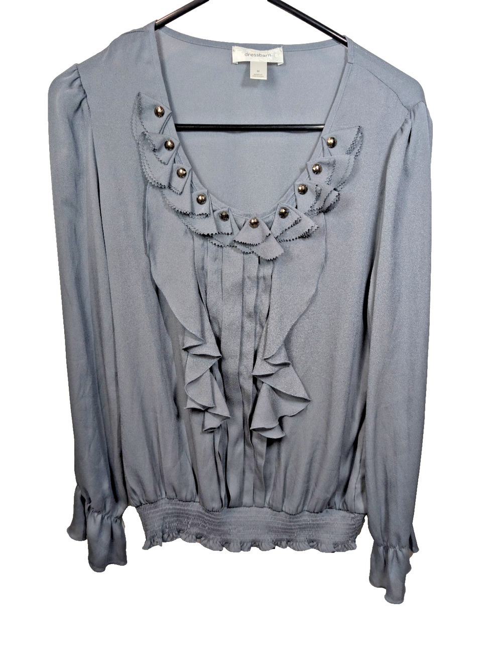 Dressbarn Gray Tunic Blouse M Medium Ruffle Sheer Ruched Waist Rivets Boho Shirt